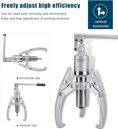 Hydraulic Gear Puller With 2 Or 3 Jaws Bearing Hub Separator For Vertical And Horizontal Use, displayed with adjustment options.