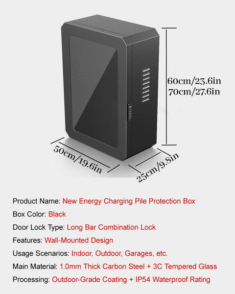 Heavy Hitter EV Charger Enclosure With Secure Keypad Lock Outdoor Pedestal Waterproof Electric Vehicle Cover Box, black wall-mounted design.