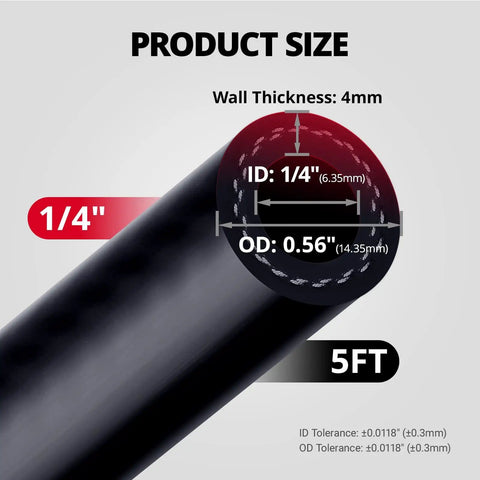 One Quarter Inch Inner Diameter Silicone Heater Hose dimensions showing 1/4 inch ID and 0.56 inch OD, 5 feet length.