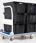 Rolling cart with black storage bins, equipped with 3 Inch Heavy Duty Casters Load 1500 Lbs Lockable Bearing Caster Wheels For Furniture.