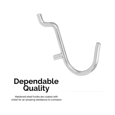 Pegboard Hook Set 50 Piece Heavy Duty Assortment For One Quarter Inch Pegboards Includes Hooks And Holders For Garage Workshop And Craft Room Organization Wall Mount Storage For Tools And Supplies featuring a single metal hook.