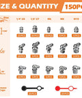 Grease Fittings Assortment Set With SAE And Metric Zerk Fittings 150 Pieces Straight 45 Degree And 90 Degree Fittings Quarter Inch And Eighth Inch M6 M8 M10 Sizes With Fitting Caps For Grease Gun Built For Heavy Duty Equipment display