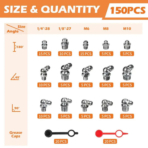 Grease Fittings Assortment Set With SAE And Metric Zerk Fittings 150 Pieces Straight 45 Degree And 90 Degree Fittings Quarter Inch And Eighth Inch M6 M8 M10 Sizes With Fitting Caps For Grease Gun Built For Heavy Duty Equipment display
