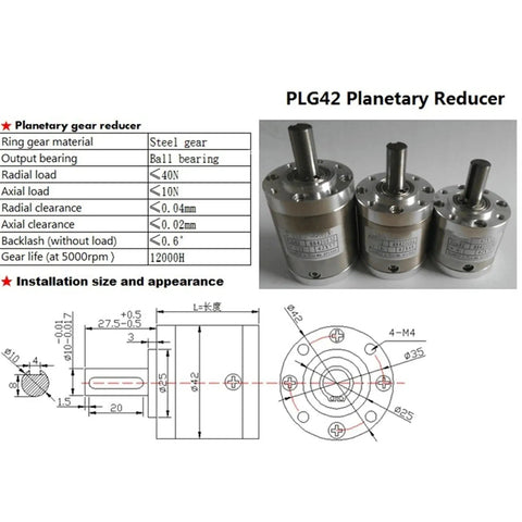 Kickass 42mm Planetary Reducer Gearbox With Low Noise Dc Worm Motor Upgrade High Transmission Efficiency Smooth Ride For Diy Projects Rc Cars And Hobby Mods - features detailed specifications and size drawing.