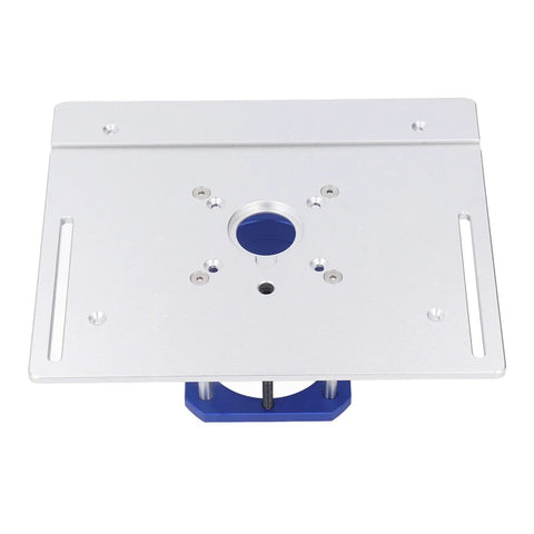 Rock Solid Aluminum Alloy Router Table Insert Plate With Heavy Duty Lift Kit For 64 To 65 Mm Machines top view showing blue lift mechanism