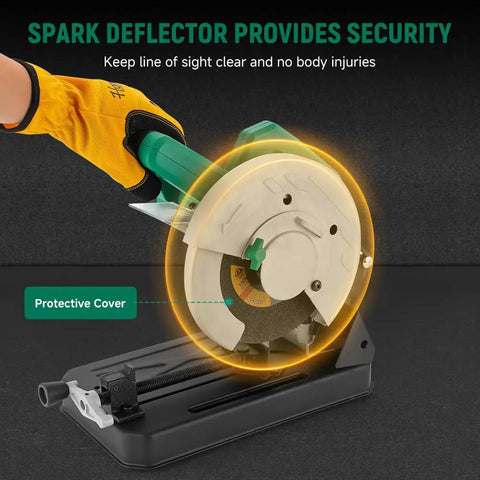 7-Inch Metal Cutting Chop Saw with 1500W Copper Motor showcasing protective cover and spark deflector on base.