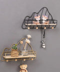 Golden Wall Mount Storage Rack With Heavy Duty Iron And Wood, Slick Hook Organizer For Kitchen Bedroom, featuring dual shelves and hooks.