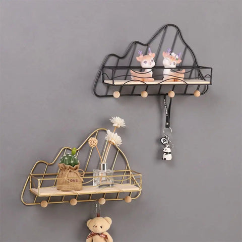 Golden Wall Mount Storage Rack With Heavy Duty Iron And Wood, Slick Hook Organizer For Kitchen Bedroom, featuring dual shelves and hooks.