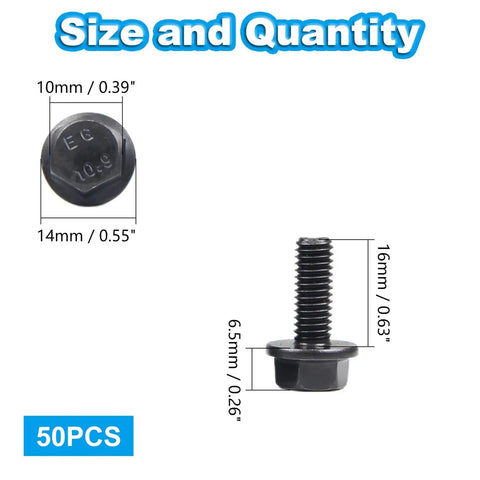 M6 Flanged Hex Bolts 1.0 x 16mm With External Flange Hex Drive Heavy Duty Alloy Steel Class 10.9 Black Oxide Finish Fully Threaded Rust Resistant Fasteners For Machinery Auto Projects 50 Pack, showing dimensions and quantity.