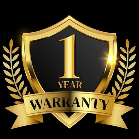 Gold and black shield with '1 Year Warranty' text and laurel leaves design.