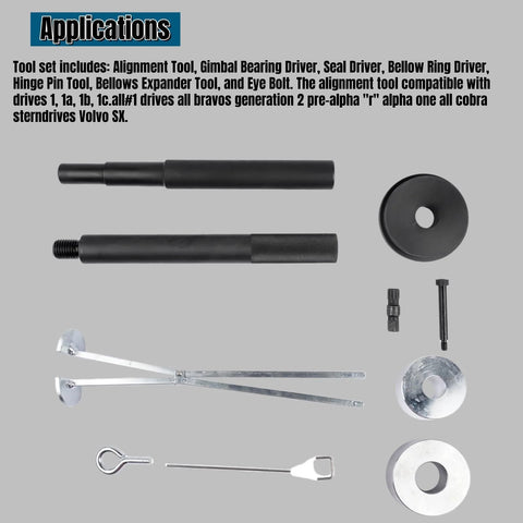 Alignment Bar And Gimbal Bearing Tool Set With Bearing Puller And Seal Bellows Replacement, tools laid out on gray background.
