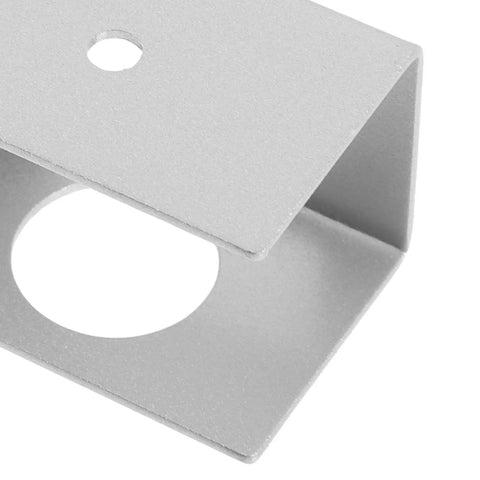 Heavy Duty Aluminum Under Desk Laptop Mount Bracket, close-up of slick silver bracket with circular cutout.