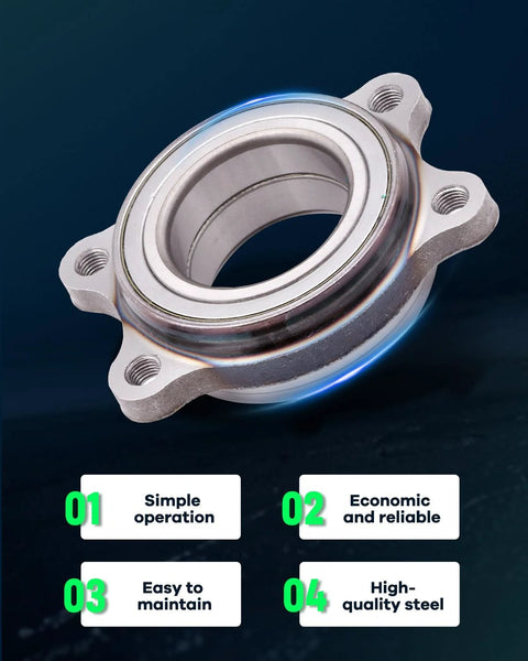 Close-up of a Two Pack Front Wheel Hub And Bearing Assembly For Audi A4 Allroad A4 Quattro A5 Quattro A7 Quattro A8 Quattro RS5 RS7 S6 S7 2009 To 2016 Replacement Kit With Drop-In Fit And High Quality Wheel Bearing Module For Smooth Rolling, showcasing the high-quality steel and installation benefits.