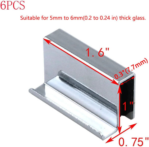 Six Pack 1.6 Inch Glass Finger Edge Pull Clips For Window Display Cabinets Polished Chrome Finish