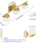 Slick Gold Vanity Light Fixture Three Light Mid Century Modern Bathroom Wall Sconce With Milky Glass Globe dimensions
