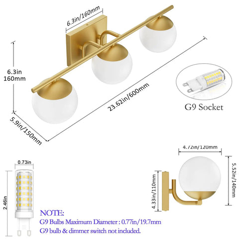 Slick Gold Vanity Light Fixture Three Light Mid Century Modern Bathroom Wall Sconce With Milky Glass Globe dimensions