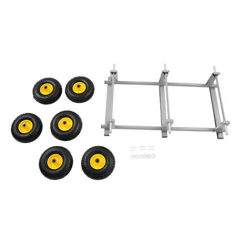 Six Wheel All Terrain Dolly With Six 10 Inch Pneumatic Tires For Outdoor Furniture Moving Heavy Duty Home Use Rolls Smoothly Across Grass Gravel And Uneven Surfaces 40 By 22 Inches Gray; six wheels shown