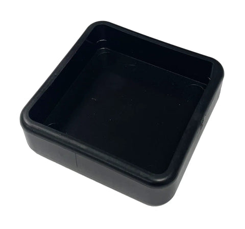 Heavy Duty Impact Resistant End Cap For 3 Inch Square Tubing In Black LDPE Push Fit Cover For Indoor Outdoor Use Protects Surfaces And Keeps Dirt Out UV And Ozone Resistant Construction. Black LDPE square tubing end cap, angled view