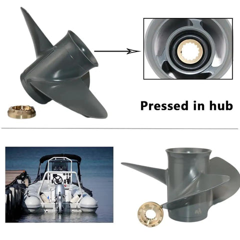 Beefy 3 Blade Boat Propeller For Honda Outboard Engines With 15 Spline Right Rotation 13 1/4 Inch Diameter 17 Pitch shown with hub insert