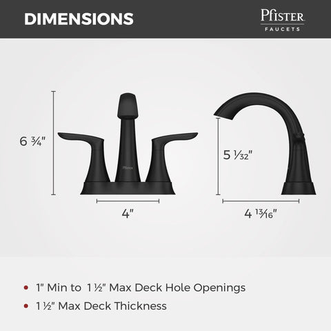 Dimensions of Weller 4 Inch Centerset Bathroom Sink Faucet With 2 Handles 3 Hole Matte Black Finish, Push And Seal Drain