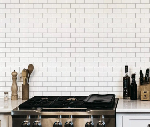 Peel And Stick Backsplash 14 By 12 Subway Tiles Faux Ceramic 10 Tiles Thick Version in kitchen above stovetop and counter