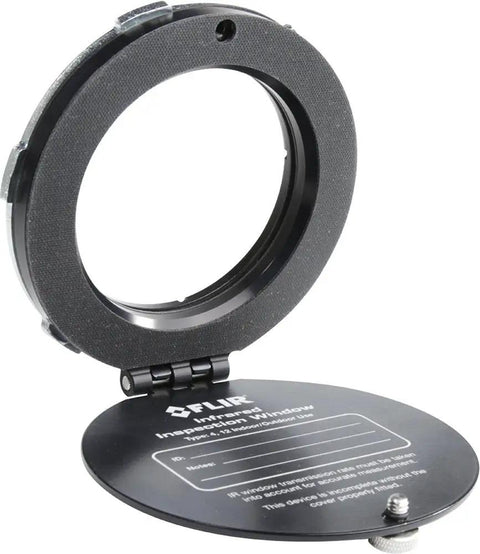 Infrared Inspection Window For Electrical High Voltage Systems, 4 Inch, Broadband CaF2 Crystal shown open with rugged frame