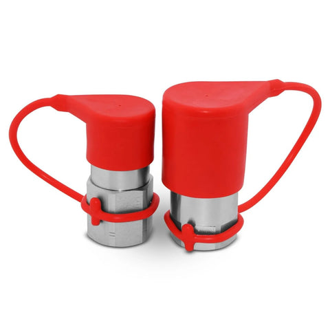 Two red flat-face high-flow skid-steer hydraulic quick-connect couplers with dust caps (3/4" body x 1" SAE)
