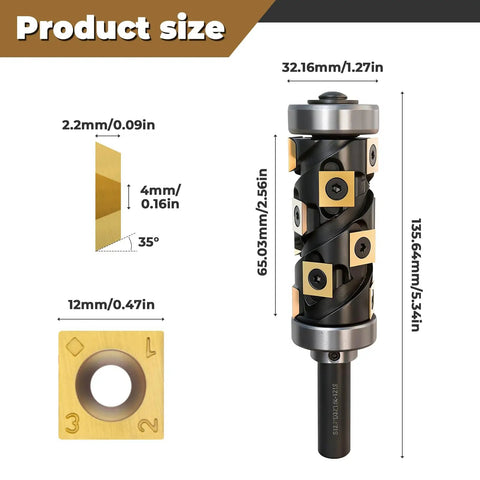 No Sweat 1/2 Inch Flush Trim Router Bit With Dual Top And Bottom Bearings for precise wood trimming, showing size dimensions and design.