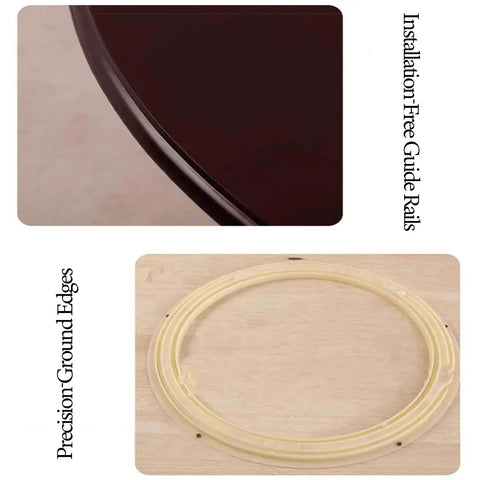 Close-up of Wooden Dining Table Turntable Lazy Susan Tray With Smooth Silent Spin showing guide rails and ground edges.
