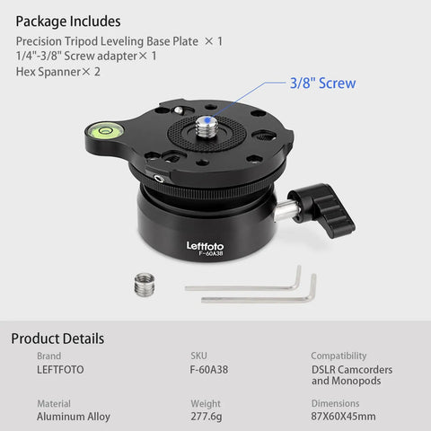 Precision Tripod Leveling Base Plate Half Ball Leveler With 360 Degree Rotation And 15 Degree Tilt shown with 3/8 inch screw