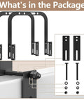 Lock Your Queen Size Mattress Down Straight Up With Set Of Two Extra Tall Anti Slip Bed Frame Retainer Bars Adjustable Metal Stoppers Prevent Sliding Chaos All Night Long package contents including two black metal bars and hardware.