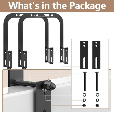 Lock Your Queen Size Mattress Down Straight Up With Set Of Two Extra Tall Anti Slip Bed Frame Retainer Bars Adjustable Metal Stoppers Prevent Sliding Chaos All Night Long package contents including two black metal bars and hardware.