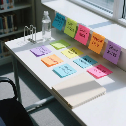 Bright Color 3x3 Sticky Notes Pack With 18 Pads And 50 Sheets Each Super Sticky Recyclable Note Set For Home Office School Vibrant 9 Color Assortment Easy Organization On Point Reminders displayed on a desk with notes and stationery.