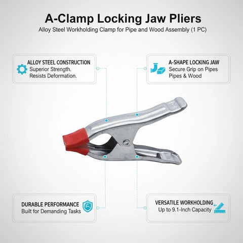 Heavy Duty A-Clamp Locking Pliers Made From Durable Alloy Steel with red rubber grip, 9.1-inch capacity for secure clamping.
