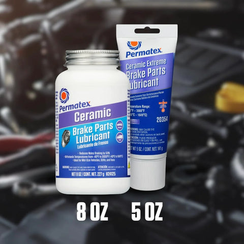 Permatex Ceramic Brake Parts Lubricant, 8 oz bottle and 5 oz tube with blue labels
