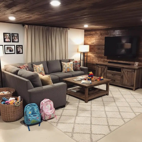 Cozy living room with gray sofa, wooden TV stand, and playful decor, featuring Ranchworn Aging Wood Stain Quick Turnaround Formula.