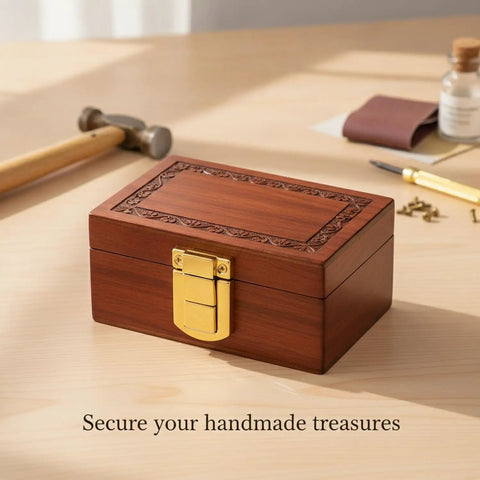 Gold Box Latch Closure For Jewelry Boxes, Craft Chests, And Small Containers, Zinc Alloy Hardware 25x20mm on wooden box