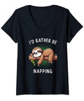 Sloth Lover I'd Rather Be Napping T Shirt For Women V Neck Funny Sleep Tee Gift For Lazy Days And Cozy Nights And Chill Vibes