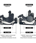 Rock Solid Mechanical Disc Brake Calipers Set For Road And Mountain Bikes Dual Piston Wire Pull Aluminum Alloy Front And Rear Calipers Kit Easy Install Lightweight Corrosion Resistant Black Finish, front and rear caliper dimensions shown.