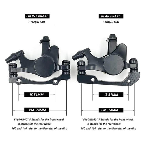 Rock Solid Mechanical Disc Brake Calipers Set For Road And Mountain Bikes Dual Piston Wire Pull Aluminum Alloy Front And Rear Calipers Kit Easy Install Lightweight Corrosion Resistant Black Finish, front and rear caliper dimensions shown.