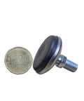 Four Pack Swivel Leveling Feet M8 Thread Adjustable Furniture Glides with 20 cent coin for size reference, heavy carbon steel, nylon bottom.