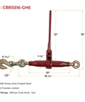 2 Pack Heavy Duty Ratchet Lever Load Binder Five Sixteenths To Three Eighths Inch Chain With Grab Hooks And Eye 7100 Lbs Working Load Limit Red Finish Tie Down For Flatbed Truck Trailer showing dimensions.