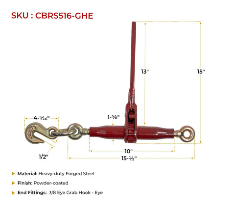 2 Pack Heavy Duty Ratchet Lever Load Binder Five Sixteenths To Three Eighths Inch Chain With Grab Hooks And Eye 7100 Lbs Working Load Limit Red Finish Tie Down For Flatbed Truck Trailer showing dimensions.