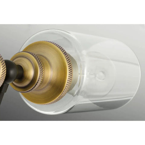 Close-up of Two Light Clear Glass Farmhouse Bath Vanity Light in Antique Bronze Finish showing the clear glass shade.