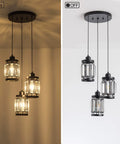 Three Light Farmhouse Pendant Light With Adjustable Ceiling Hanging Fixture And K9 Crystals In Black Finish lit and unlit view