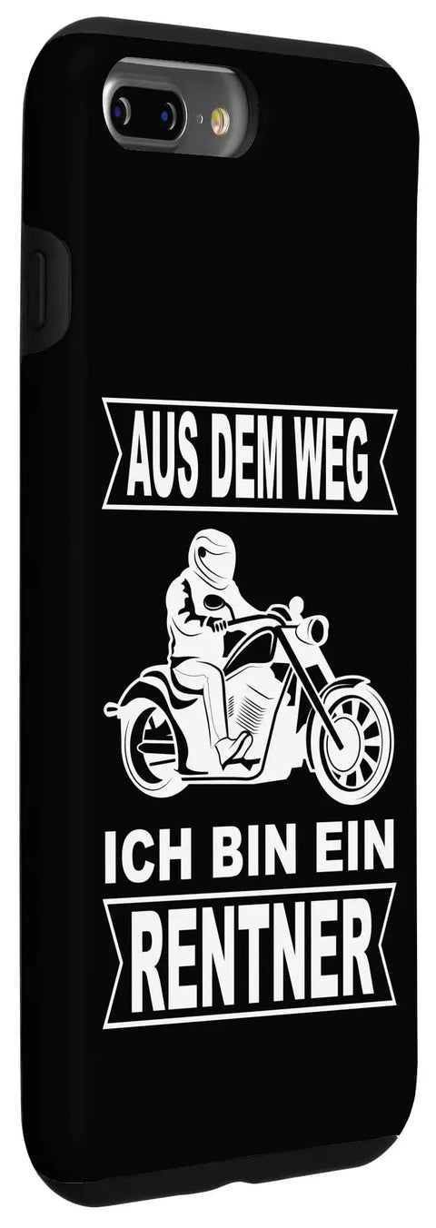 Black phone case for iPhone 7 Plus and 8 Plus featuring 'Get Outta My Way I Am Retired Motorcycle Chopper Design' with rider graphic.