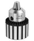 Heavy Duty Workhorse Half Inch Drill Chuck With Number Two Morse Taper Arbor And Key showing a robust three jaw lathe tool detail.