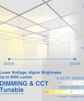 Graphic of a dimmable LED panel with 3000K to 5000K CCT, featuring Two Pack 2x2 Foot LED Flat Panel Light With Backlit 4550 Lumens 35W CCT.