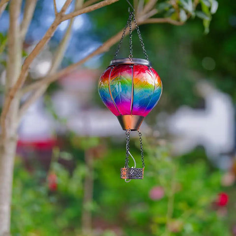 Hot Air Balloon Solar Lantern With Candle Holder Lit Flickering Flame Hanging Outdoor Garden Light in tree