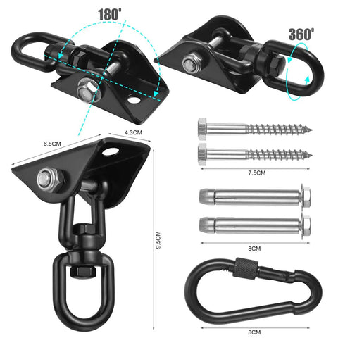 Heavy Duty 360 Degree Rotating Hammock Hooks Kit With 1200 Lb Capacity, black 304 stainless steel, detailed view with bolts
